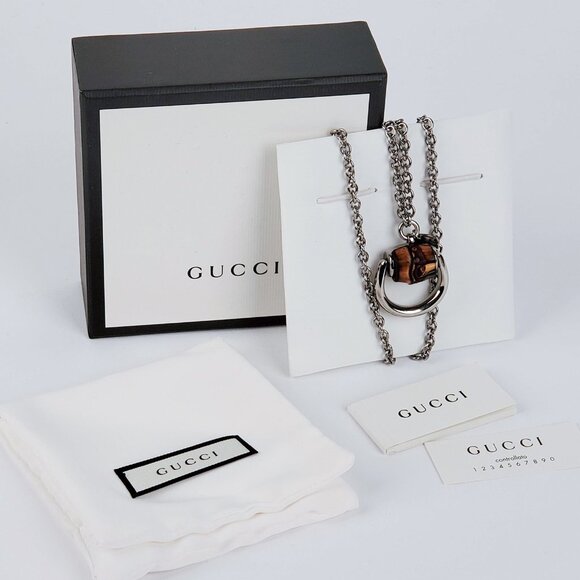 GUCCI NECKLACE BAMBOO HORSEBIT PENDANT RUTHENIUM STERLING SILVER 30" - Picture 7 of 7